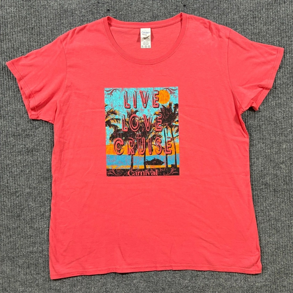 Gildan Womens Graphic T-Shirt 2XL Pink Live Love Cruise Carnival Short Sleeve